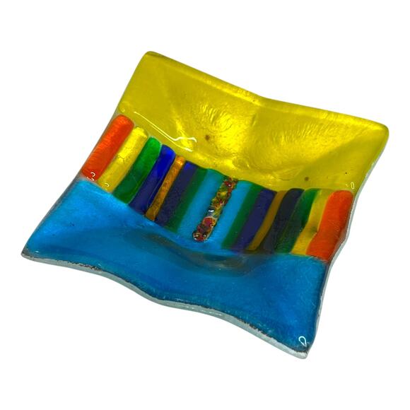 Fused Glass Rainbow Design Colorful Square Trinket Dish Ring Holder Vanity Decor - Picture 7 of 10